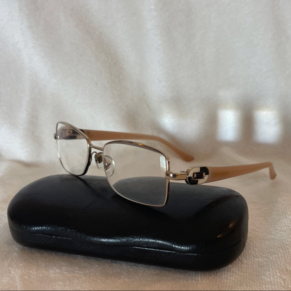 Stylish Bulgari Gold and Tan Eyeglasses with Case